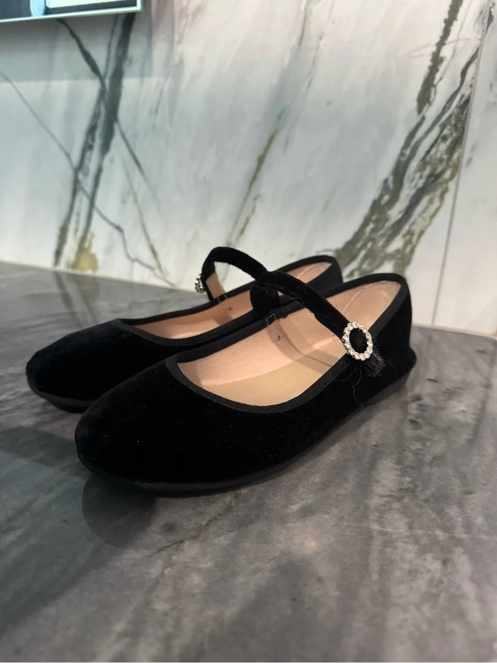 Girls Black Velvet Mary Jane Shoes with Rhinestone Buckle